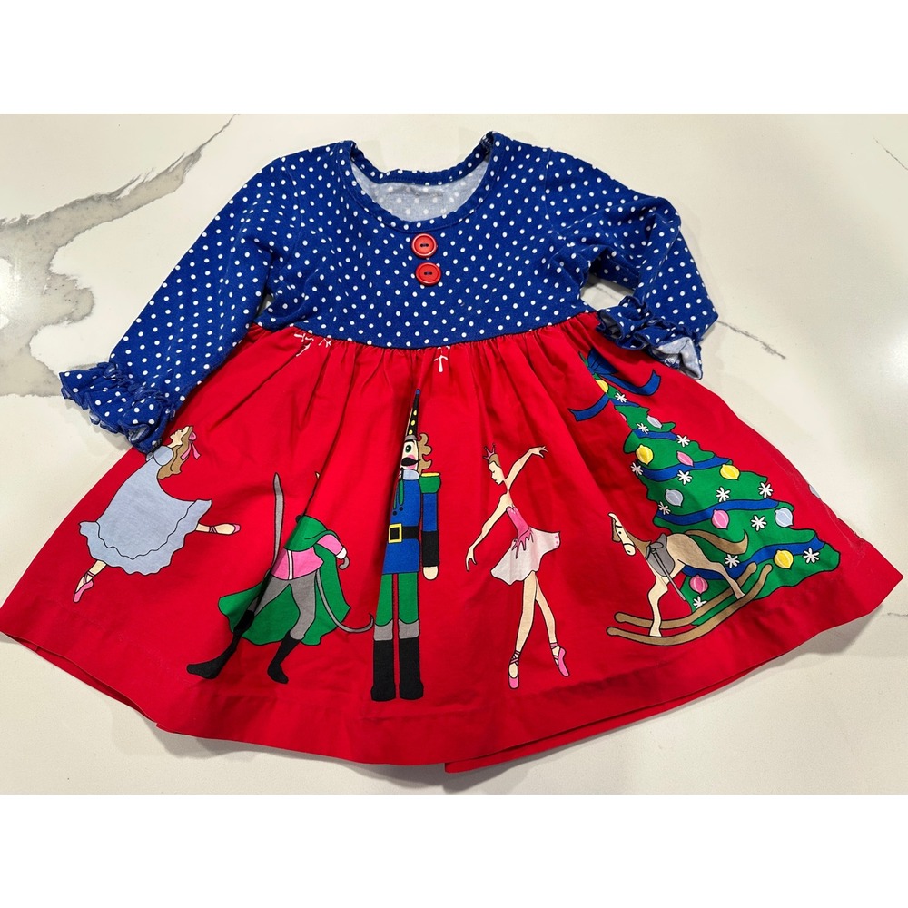 Girls Nutcracker Ballet Christmas Tree Dress Long Sleeve Blue Polka Dot Red 18M